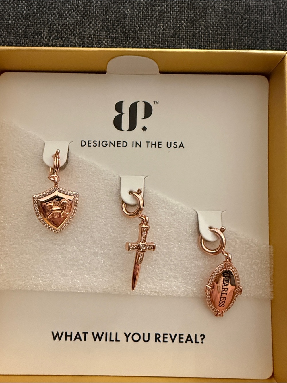bp Rose Gold Charm Necklace Set with Shield, Dagger Cross & 'Fearless' Medallion